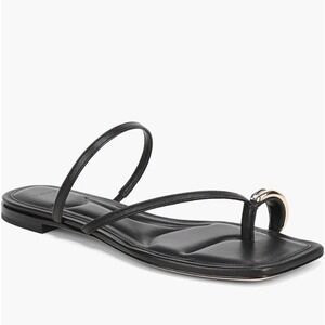 Vince Women's Polli Toe Loop Black Leather Mixed Metal Ring Flat Sandals Size 10